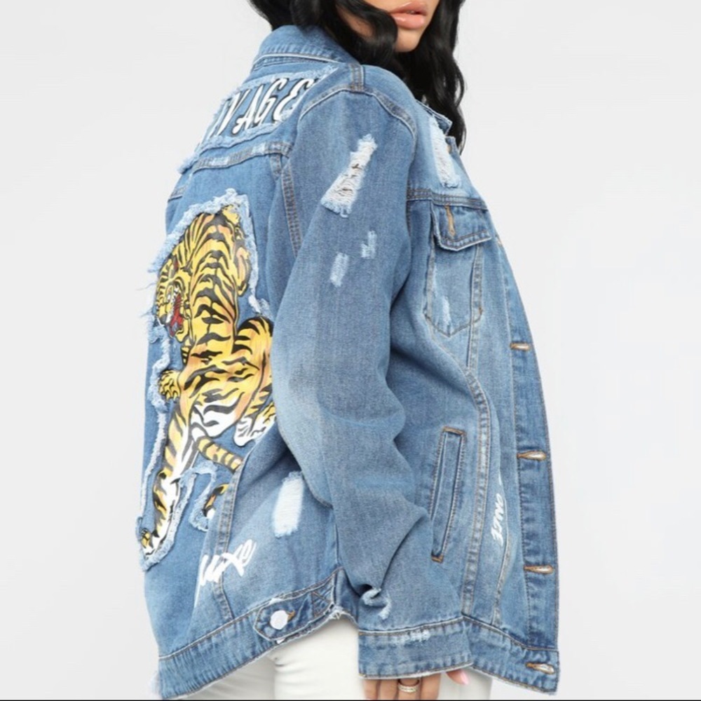 Distressed Fashion Nova Tiger Denim Jacket